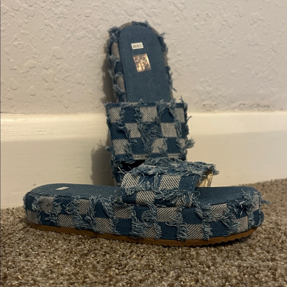 Denim Check Slide Sandals - Blue